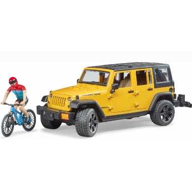 Rotaļu automašīna Jeep Wrangler ar kalnu velosipēdu un velosipēdistu, Bruder